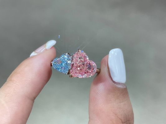 Pink&Blue Lab Grown Diamond Rings Twin Heart Shape 18k White Gold Rings