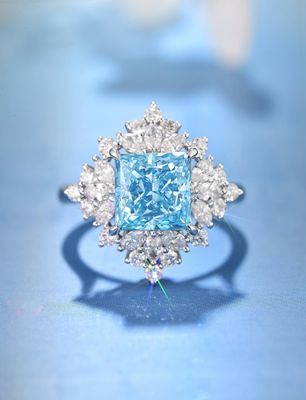 Pricess Cut 3ct VS Synthetic Blue Diamond Rings 18k White Gold Lab Grown Engagement Rings