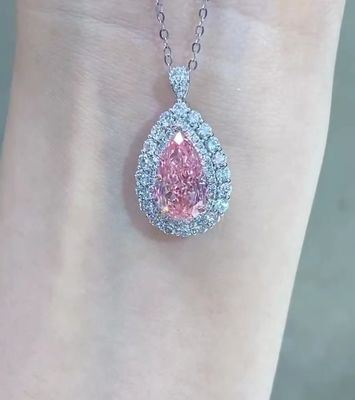 Synthetic Lab Created Pear Diamond Pendant Necklace 3.46ct VS1 Pink Color
